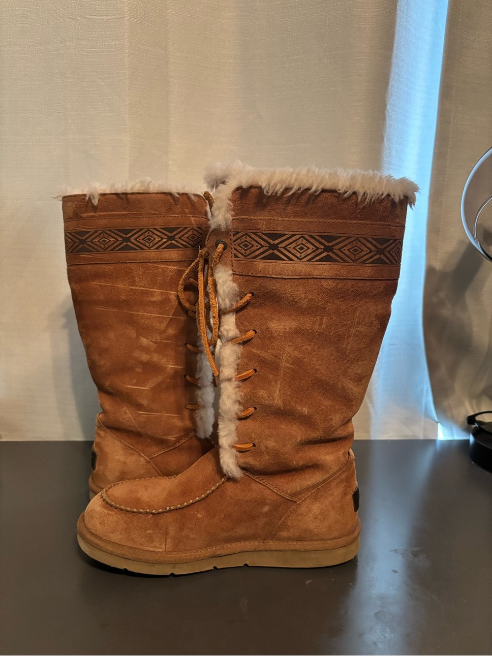 UGG Tall Suede Winter Boots with Faux Fur Trim - Brown
